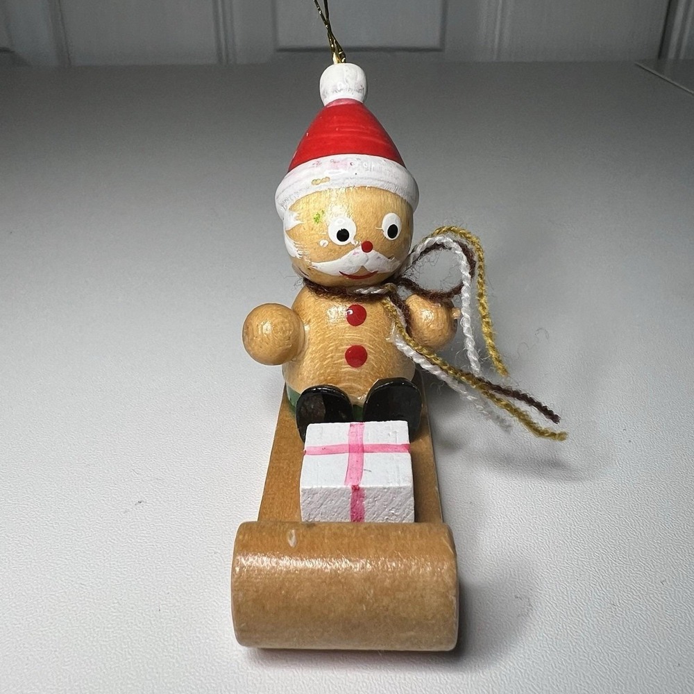 Vintage Wooden Ornament Santa‎ Claus Riding Sled